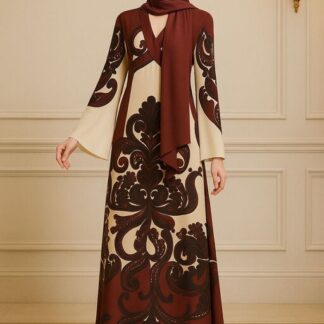 Muslim Ethnic Pattern Print Vintage Dress for Women Sexy V Neck Lace-up Long Dress Spring Fall 3/4 Sleeve Loose Party Maxi Dress