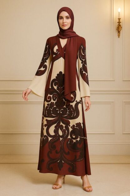 Muslim Ethnic Pattern Print Vintage Dress for Women Sexy V Neck Lace-up Long Dress Spring Fall 3/4 Sleeve Loose Party Maxi Dress